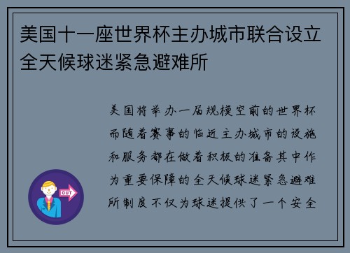 美国十一座世界杯主办城市联合设立全天候球迷紧急避难所